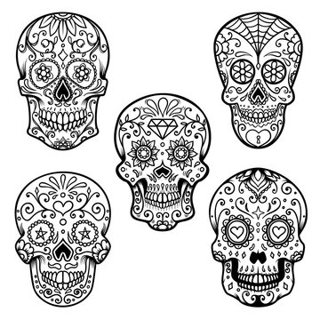 Set of colorful sugar skull isolated on white background. Day of the dead. Dia de los muertos. Design element for poster, card, banner, print.