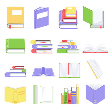 Open and closed books with blank pages. Collection of books and reading documents. Textbooks in colorful covers with bookmarks. Encyclopedia and dictionary icons