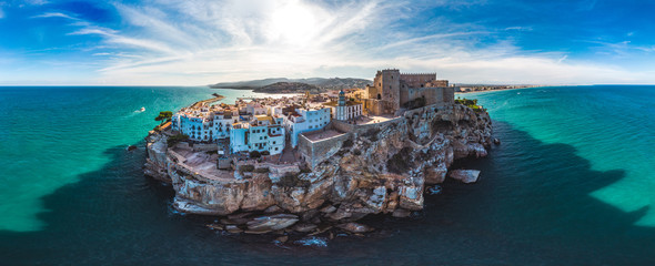 Peniscola, Valencia, Spain. Panoramic drone arial view Summer 2018.