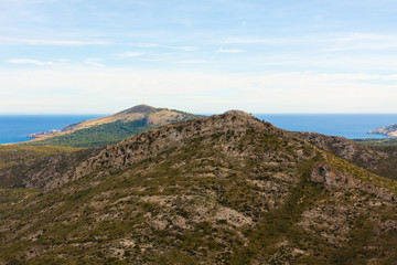 Fototapeta na wymiar Ladscape with mountains and the sea in the background near Arta, Mallorca, Spain