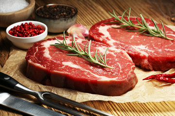 Steak raw. Barbecue Rib Eye Steak, dry Aged Wagyu Entrecote Steak.