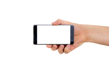 Telephone in hand. Black telephone with a white, blank display isolated on a white background. Content completion concept. The phone is located horizontally.