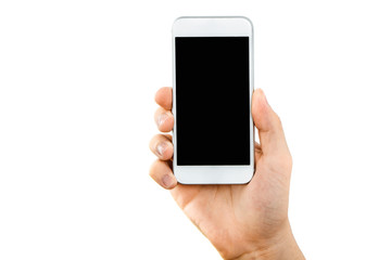 Phone in hand. White telephone with a black, blank display isolated on a white background. Content...