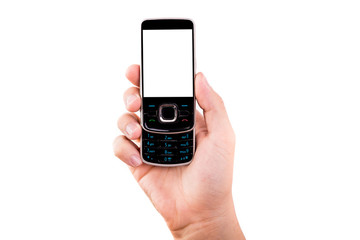 Mobile phone in hand. A black phone held by a hand isolated on a white background. Hand holding a black phone with a blank display, white background.