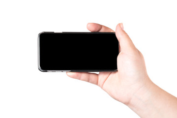 Female hand holding mobile smart phone isolated on white background. Concept of selfie making photo