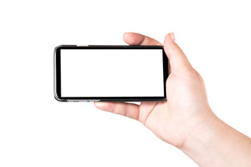 Female hand holding mobile smart phone isolated on white background. Blank white screen. Concept of selfie making photo