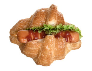 Hot dog with ketchup and vegetables isolated on white background