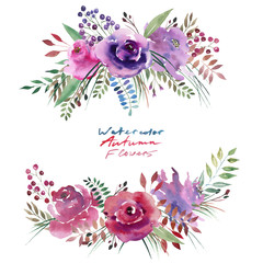 Cute beautiful bright autumn wonderful colorful herbal floral pink violet purple flowers with leaves and berries element watercolor hand illustration. Perfect for greetings card, textile, banners