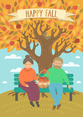 Happy Fall. Man and woman sitting on the bench under the autumn tree with basket of just harvesting apples. Cute original vector illustration.