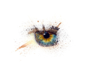 Conceptual creative photo of a female eye close-up in the form of splashes, explosion and dripping...