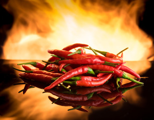 Hot chilli with burning fire on black surface