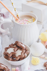 Marshmallow, cookies, meringues and different Christmas decorations