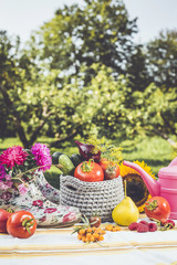 Seasonal gardening set background with various autumn fruits, vegetables gardener tools, pink...