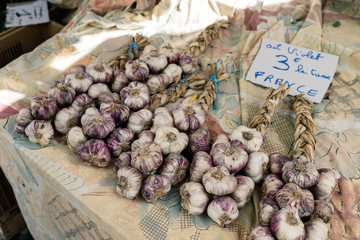 Garlics bulbs in a french market stall