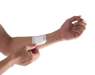 Plaster closed wound on the arm isolated on white,Medical and healthcare concept.