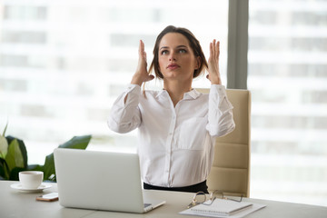 Angry mad businesswoman in panic feels stressed at work, frustrated female office employee annoyed...