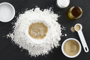 Preparing yeast dough for bread or pizza baking, photographed overhead on slate