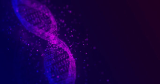 Abstract glittering DNA double helix with depth of field rotating. Mysterious source science animation. Genom futuristic footage. Conceptual design of genetics information. 4k UHD.