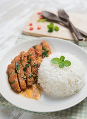 Thai spicy food,Stir-fried chicken whit basil with rice on table wood