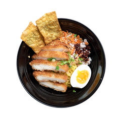 Thai spicy noodle,Thai yellow noodle tom yum with fried chicken and egg isolated on white