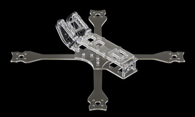 3d rendering FPV racing drone frame kit in plastic material isolated on dark background