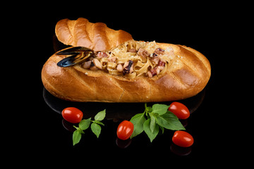 Loaf of bread with noodles