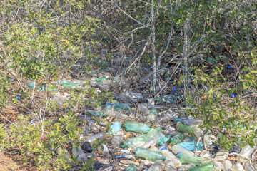 Garbage of all kinds, plastic bottles, styrofoam, rubber, aluminum and glass cans, environmental pollution in Brazilian mangrove, serious ecological problem. Guaratiba - Rio de Janeiro.