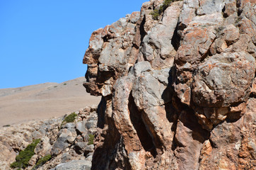 Tibet, one of the geoglyphs on  rock on the shore of the sacred lake Nam-Tso (Nam Tso) against the...