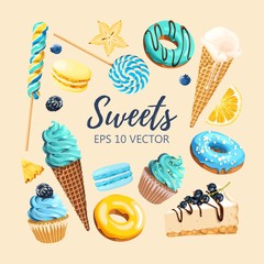 Set of delicious fruit sweets and desserts