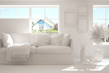 White room with sofa and green landscape in window. Scandinavian interior design. 3D illustration