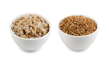 Bowls of Cooked and Raw Dry Buckwheat Porridge Isolated