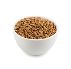 Bowl of Dry Buckwheat Grains Isolated on White Background