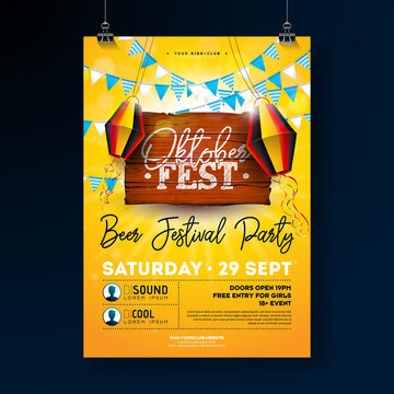 Oktoberfest Party Flyer Design with Typography Lettering on Vintage Wood Board. Vector Traditional German Beer Festival Poster Template for Invitation or Holiday Celebration Poster. Flags and Paper