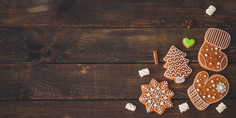 gingerbread and gifts happy new year. festive background. . food background. top view