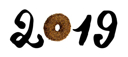 Collage with Vintage Ink Sketched 2019 Numbers and Doughnut