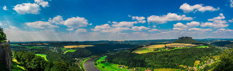 Fototapeta premium Panorama of Sächsische Schweiz National Park of Germany, beautiful district full of nature bordering Czech Republic.