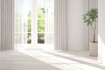 White empty room with summer landscape in window. Scandinavian interior design. 3D illustration