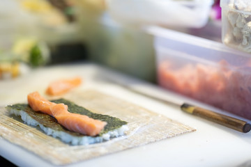 Sushi preparation in japanese restaurant
