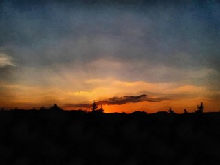 Hand drawing watercolor art on canvas. Artistic big print. Original modern painting. Acrylic dry brush background. Painting for sale. Beautiful evening autumn landscape. Red sunset. Dark blue sky. 