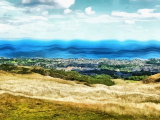 Naklejka premium Hand drawing watercolor art on canvas. Artistic big print. Original modern painting. Acrylic dry brush background. Painting for sale. Beautiful autum landscape. Exotic tropical resort. Paradise beach 