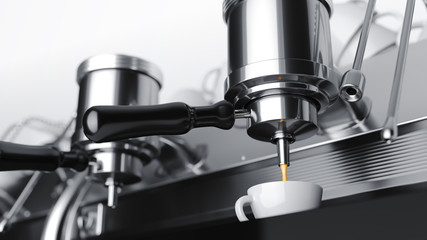 Close-up of coffee machine. Professional coffee brewing. 3d rendering