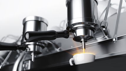 Close-up of coffee machine. Professional coffee brewing. 3d rendering
