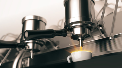 Close-up of coffee machine. Professional coffee brewing. 3d rendering