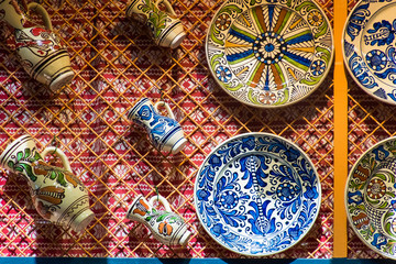 Touristic souvenir shop colorful dotted Budapest hand made porcelain plates, Budapest in Hungary
