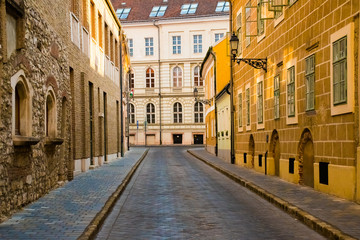 Fototapeta na wymiar Hstorical old beautiful street corner of Castle hill, Budapest in Hungary