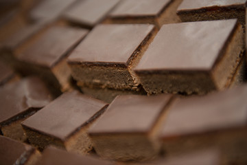 Delicious chocolate cakes background close-up