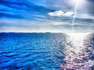 Oil painting. Art print for wall decor. Acrylic artwork. Big size poster. Watercolor drawing. Modern style fine art. Art for sale. Beautiful sea landscape. Bright blue sky water view. Tropical resort.