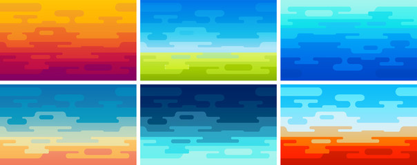 Set of Flat Vector Style Backgrounds in Different Colors and Ambience. Illustrations of Field, Ocean, Night and Sunset