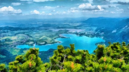 Oil painting. Art print for wall decor. Acrylic artwork. Big size poster. Watercolor drawing. Modern style fine art. Art for sale. Beautiful autumn landscape. Bright mountain view. Azure wild lake. 