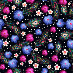 Fototapeta premium Seamless texture. Multicolored pattern of feathers and flowers. Design for cover, wrapper or fabric.